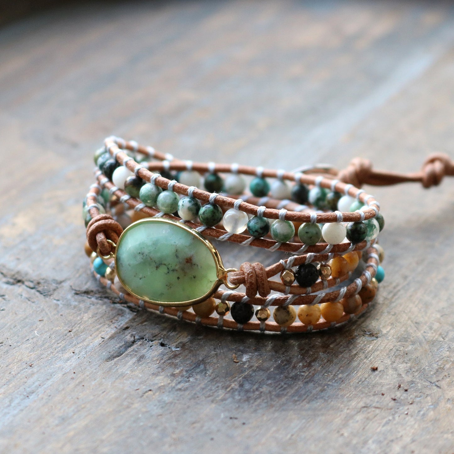 Natural Stone Bracelet Three-Layer Handmade Beaded Ladies Style Jewelry Leather Cord Bracelet