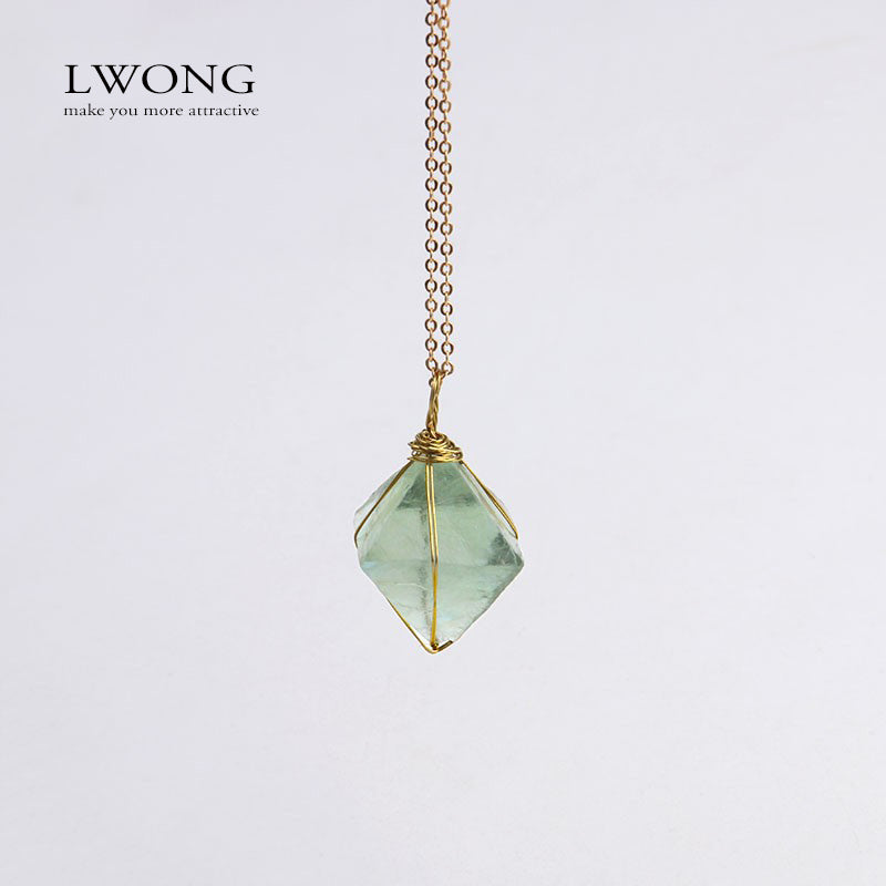 Unique Octahedron Green Natural Fluorite Pendant Stone Necklace Jewelry