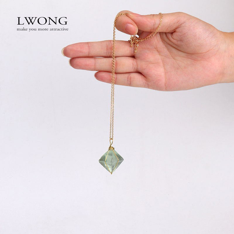 Unique Octahedron Green Natural Fluorite Pendant Stone Necklace Jewelry