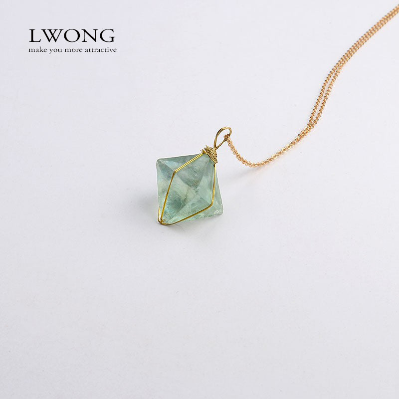 Unique Octahedron Green Natural Fluorite Pendant Stone Necklace Jewelry
